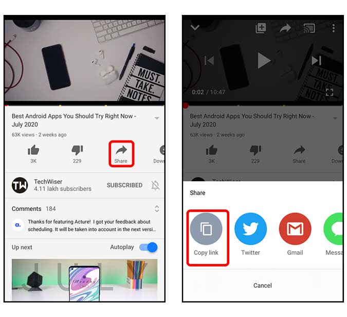 copy video url from the youtube app